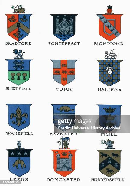 Coats Of Arms Of The Major Yorkshire Towns. From Picturesque History Of Yorkshire, Published C.1900.