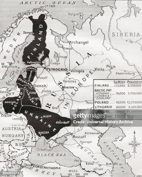 Map Of The Brest-Litovsk Peace. The Area Shown In Black In The Map Comprises The Territories Which Russia Agreed To Surrender As A Result Of The...