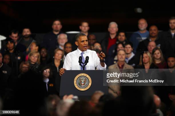 President Barack Obama speaks to workers at ArcelorMittal, the world's largest steel company, November 14, 2013 in Cleveland, Ohio. The President...