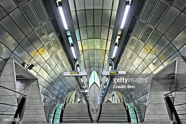 futuristic underground station, london, england - way out sign stock pictures, royalty-free photos & images