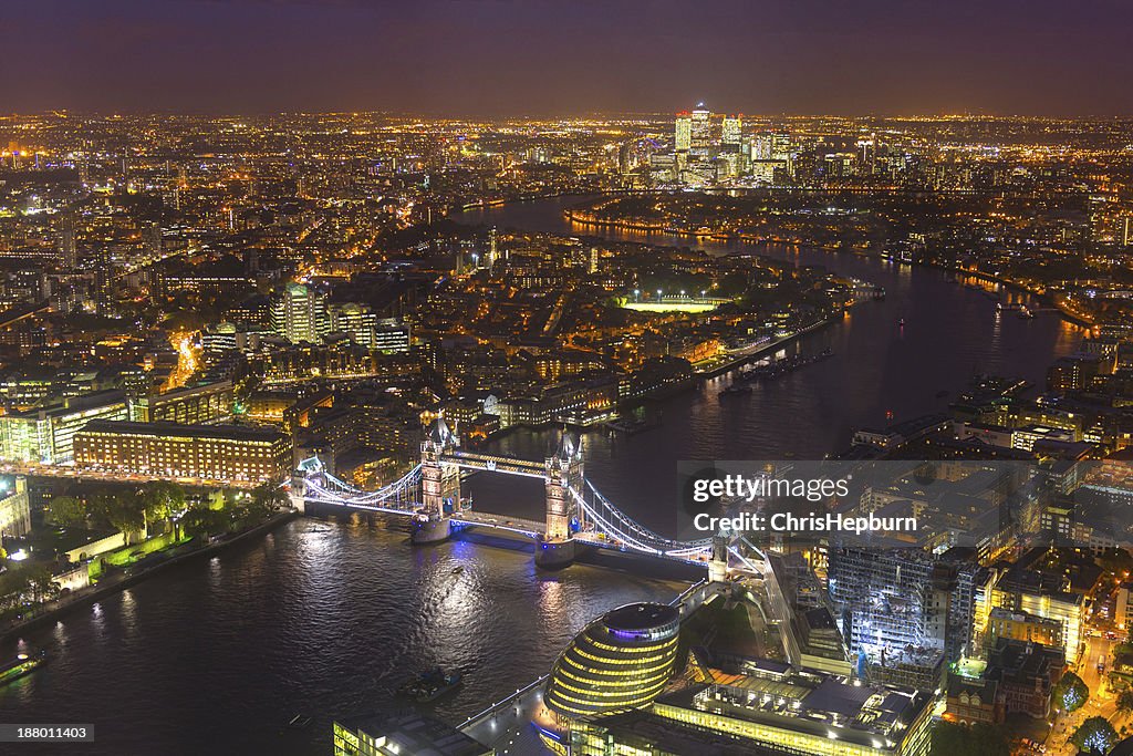 Aerial view of London at night, England, UK