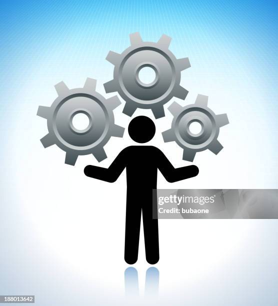 conceptual stick figure with gears on grid background - factory machine stock illustrations