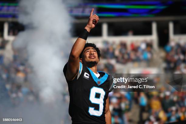 Bryce Young of the Carolina Panthers looks on before the game against the Green Bay Packers at Bank of America Stadium on December 24, 2023 in...