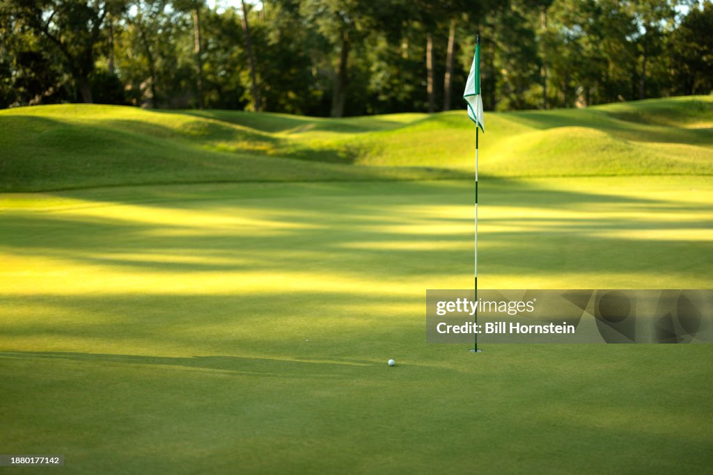 A golf ball rest close to the pin.