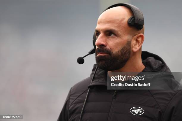 Head Coach Robert Saleh of the New York Jets looks on during the first quarter against the Washington Commanders at MetLife Stadium on December 24,...