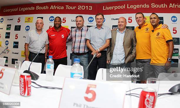 Roy Evans, John Barnes, Ian, Phil Thompson, Pete de Wet, Neil Tovey and Stanton Fredericks during the Liverpool FC Legends Tour Pre-match press...