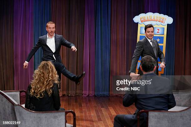 Episode 929 -- Pictured: Damian Lewis and Jimmy Fallon play Charades on Thursday, November 14, 2013-- .