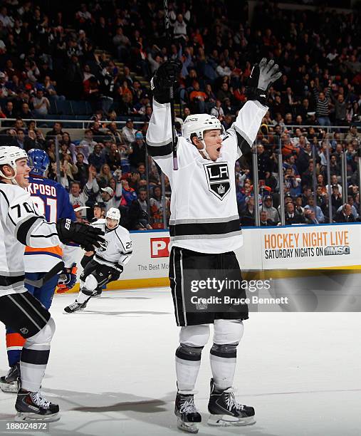 Tyler Toffoli of the Los Angeles Kings celebrates his game winning goal at 18:33 of the third period against the New York Islanders at the Nassau...