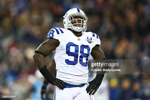 Robert Mathis of the Indianapolis Colts reacts after being called for roughing the passer in the second quarter against the Tennessee Titans at LP...
