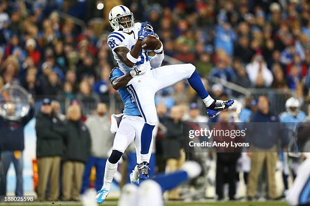 Darrius Heyward-Bey of the Indianapolis Colts fails to catch a second quarter pass against the defense of the Tennessee Titans at LP Field on...