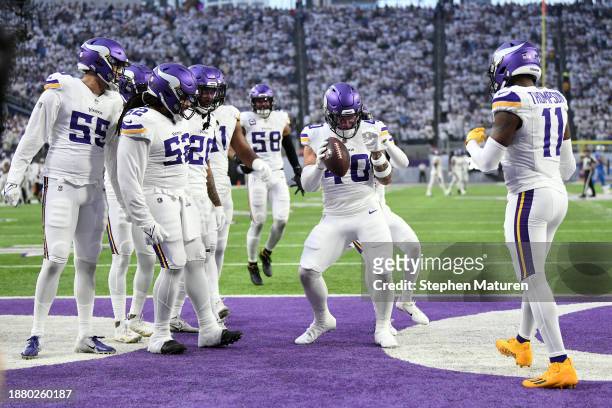 Ivan Pace Jr. #40 of the Minnesota Vikings celebrates a fumble recovery against the Detroit Lions during the first quarter at U.S. Bank Stadium on...