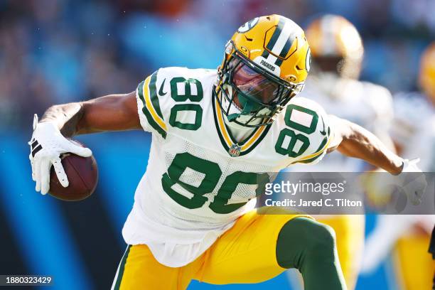 Bo Melton of the Green Bay Packers reacts after a first down reception during the second quarter against the Carolina Panthers at Bank of America...