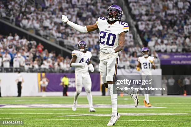 Jay Ward of the Minnesota Vikings celebrates a tackle against the Detroit Lions during the second quarter at U.S. Bank Stadium on December 24, 2023...