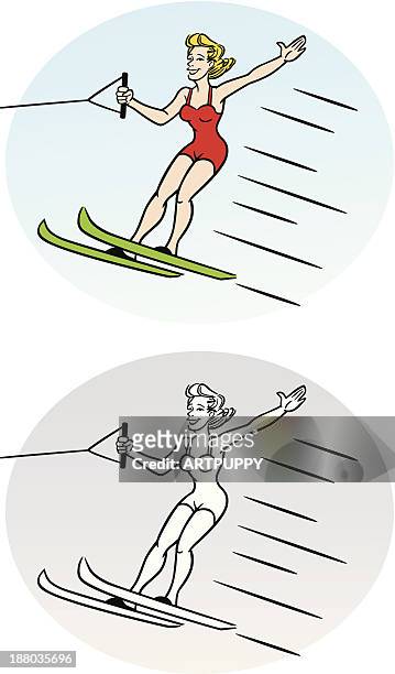 vintage woman on water skis - water skiing stock illustrations