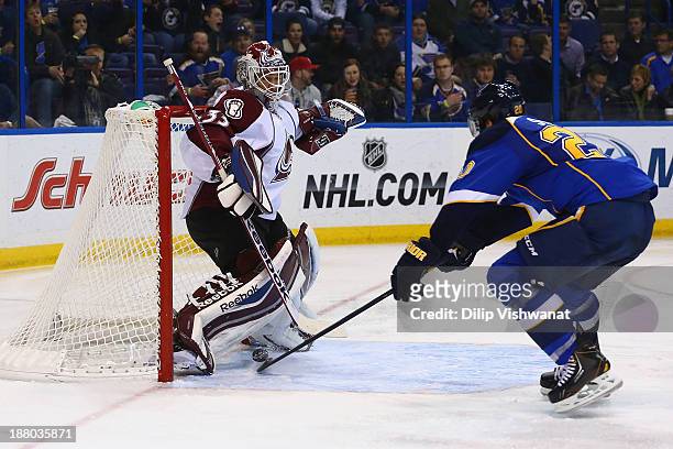 Alexander Steen of the St. Louis Blues scores a goal against Jean-Sebastien Giguere of the Colorado Avalanche at the Scottrade Center on November 14,...