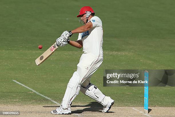 Trent Lawford of the Redbacks bats during day three of the Sheffield Shield match between the Redbacks and the Warriors at Adelaide Oval on November...