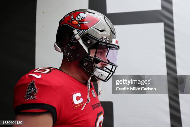 Baker Mayfield of the Tampa Bay Buccaneers takes the field for warmups prior to the game against the Jacksonville Jaguars at Raymond James Stadium on...