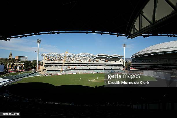 General view shows play during day three of the Sheffield Shield match between the Redbacks and the Warriors at Adelaide Oval on November 15, 2013 in...