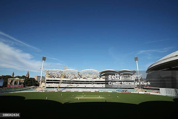 General view shows play during day three of the Sheffield Shield match between the Redbacks and the Warriors at Adelaide Oval on November 15, 2013 in...