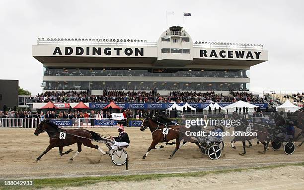 David Butt driving Stig leads eventual winner Master Lavros driven by Mark Jones in the Hellers Dominion Trot during New Zealand Dominion Handicap at...