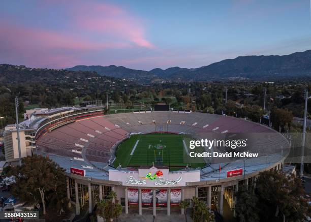 In an aerial view, the Rose Bowl Stadium is seen as preparations are made for the Rose Bowl game, on December 27, 2023 in Pasadena, California. The...