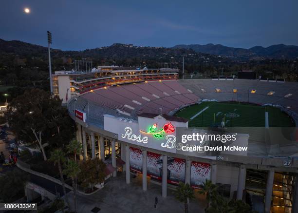 In an aerial view, the Rose Bowl Stadium is seen as preparations are made for the Rose Bowl game, on December 27, 2023 in Pasadena, California. The...