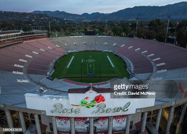 In an aerial view, the Rose Bowl Stadium is seen as preparations are made for the Rose Bowl game, on December 27, 2023 in Pasadena, California. The...