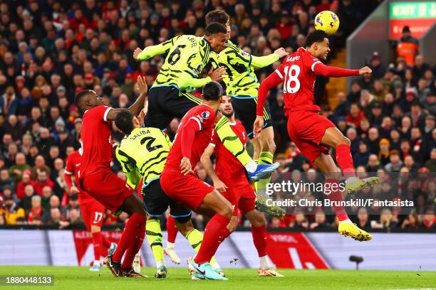 Gabriel Magalhaes of Arsenal scores the opening goal during the Premier League match between Liverpool FC and Arsenal FC at Anfield on December 23,...