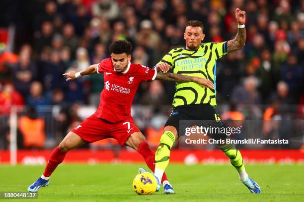 Luis Diaz of Liverpool in action with Ben White of Arsenal during the Premier League match between Liverpool FC and Arsenal FC at Anfield on December...