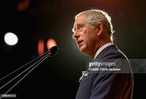 Prince Charles, Prince of Wales gives a speech as he attends the Commonwealth Heads of Government 2013 Opening Ceremony as a representaive of Queen...