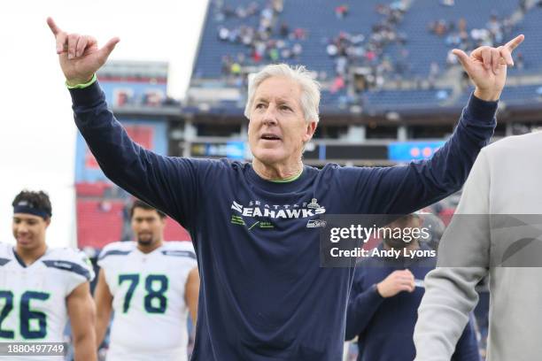 Head coach Pete Carroll of the Seattle Seahawks reacts after a win over the Tennessee Titans at Nissan Stadium on December 24, 2023 in Nashville,...