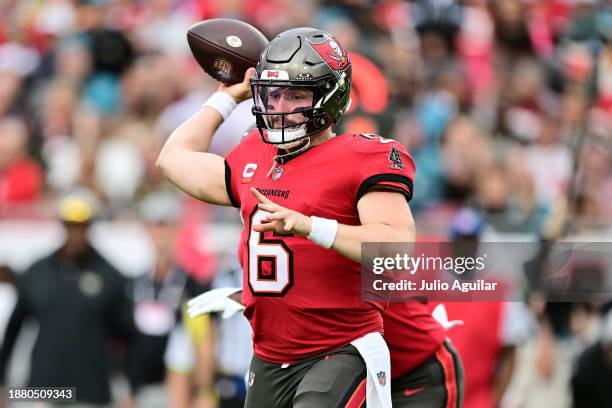 Baker Mayfield of the Tampa Bay Buccaneers attempts a pass against the Jacksonville Jaguars during the first quarter at Raymond James Stadium on...