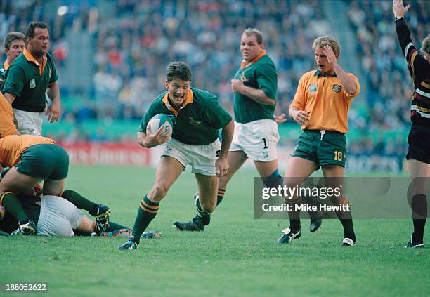 Joost van der Westhuizen of South Africa with the ball during a pool stage match against Australia in the Rugby World Cup at Newlands, Cape Town,...