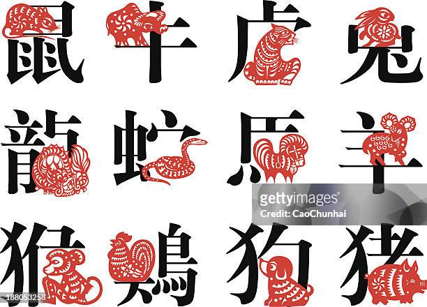 chinese zodiac sign for year - rooster print stock illustrations
