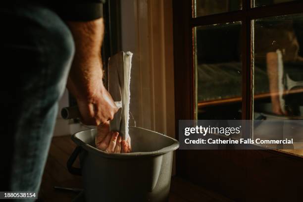 a man wrings out his squeegee into a bucket - disinfection services stock pictures, royalty-free photos & images