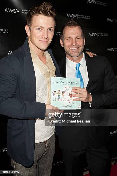 Charlie Bewley and Anthony Meindl attend Alphabet Soup For Grown-Ups Book Launch Party at Bugatta on November 14, 2013 in Los Angeles, California.