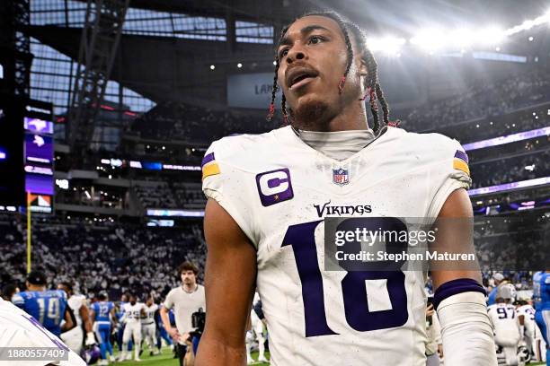 Justin Jefferson of the Minnesota Vikings reacts after the team's 30-24 loss against the Detroit Lions at U.S. Bank Stadium on December 24, 2023 in...