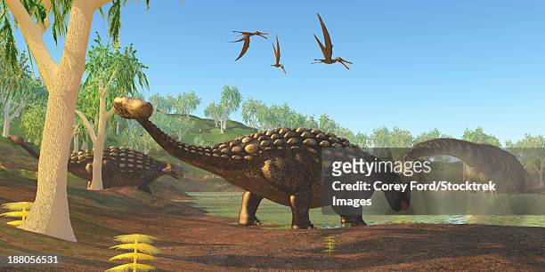 ilustraciones, imágenes clip art, dibujos animados e iconos de stock de two ankylosaurus dinosaurs come down to a swamp to drink as an argentinosaurus grazes on duckweed. - scute