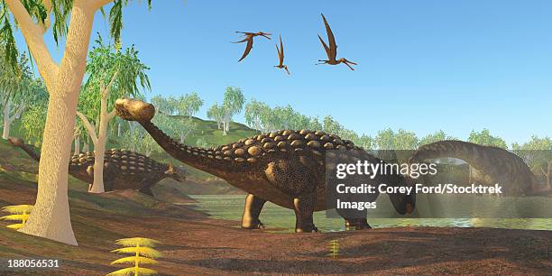 two ankylosaurus dinosaurs come down to a swamp to drink as an argentinosaurus grazes on duckweed. - swamp monster stock illustrations