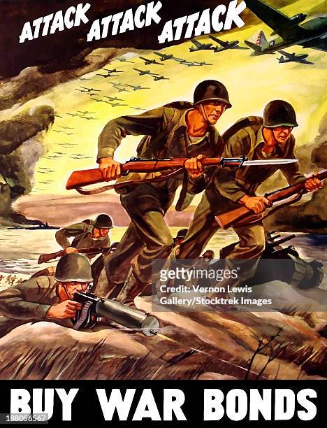 stockillustraties, clipart, cartoons en iconen met world war ii propaganda poster of soldiers assaulting a beach with rifles. - army helmet
