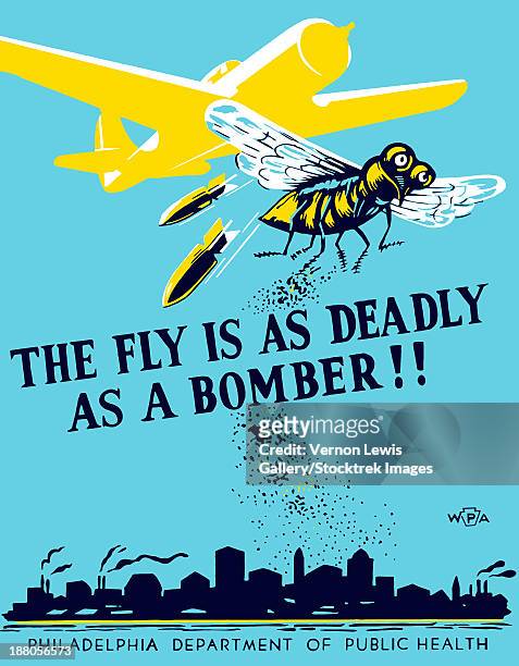 stockillustraties, clipart, cartoons en iconen met wpa propaganda poster of a bomber plane and a fly dropping germs. - us air force