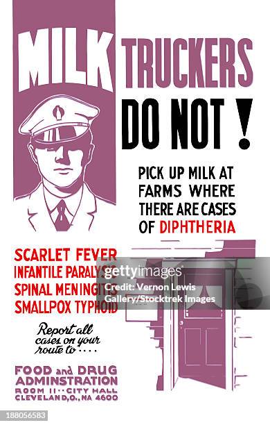 wpa propaganda poster of a milk truck driver and the doorway of a house. - scarlet fever stock illustrations