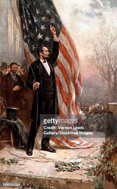 stockillustraties, clipart, cartoons en iconen met digitally restored vintage american civil war painting featuring president abraham lincoln holding the american flag as he speaks before a crowd. - abraham lincoln