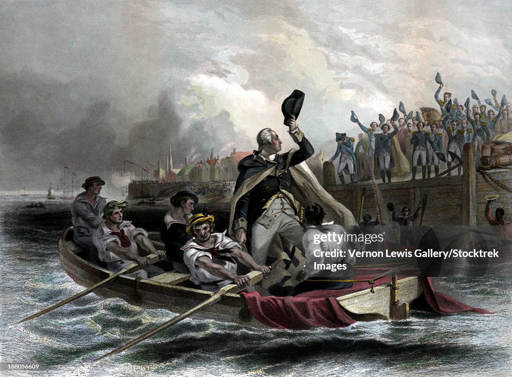 Digitally restored vintage American history print of General George Washington tipping his hat to his generals as he leaves the dock on a boat.