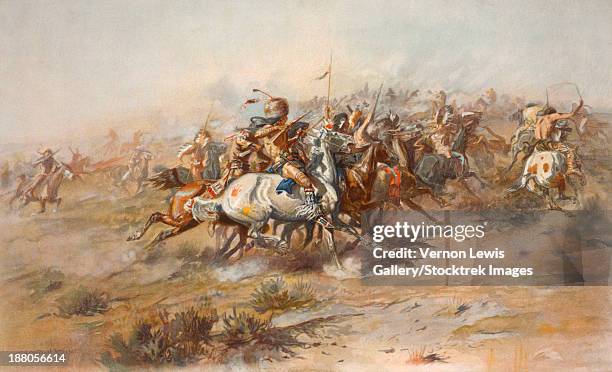 ilustraciones, imágenes clip art, dibujos animados e iconos de stock de digitally restored american history print of the battle of little bighorn from the native american perspective. - battle of little big horn