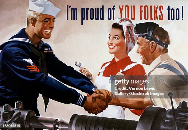 vintage world war ii propaganda poster featuring a sailor shaking hands with two factory workers. it reads, i'm proud of you folks too! - us navy stock illustrations