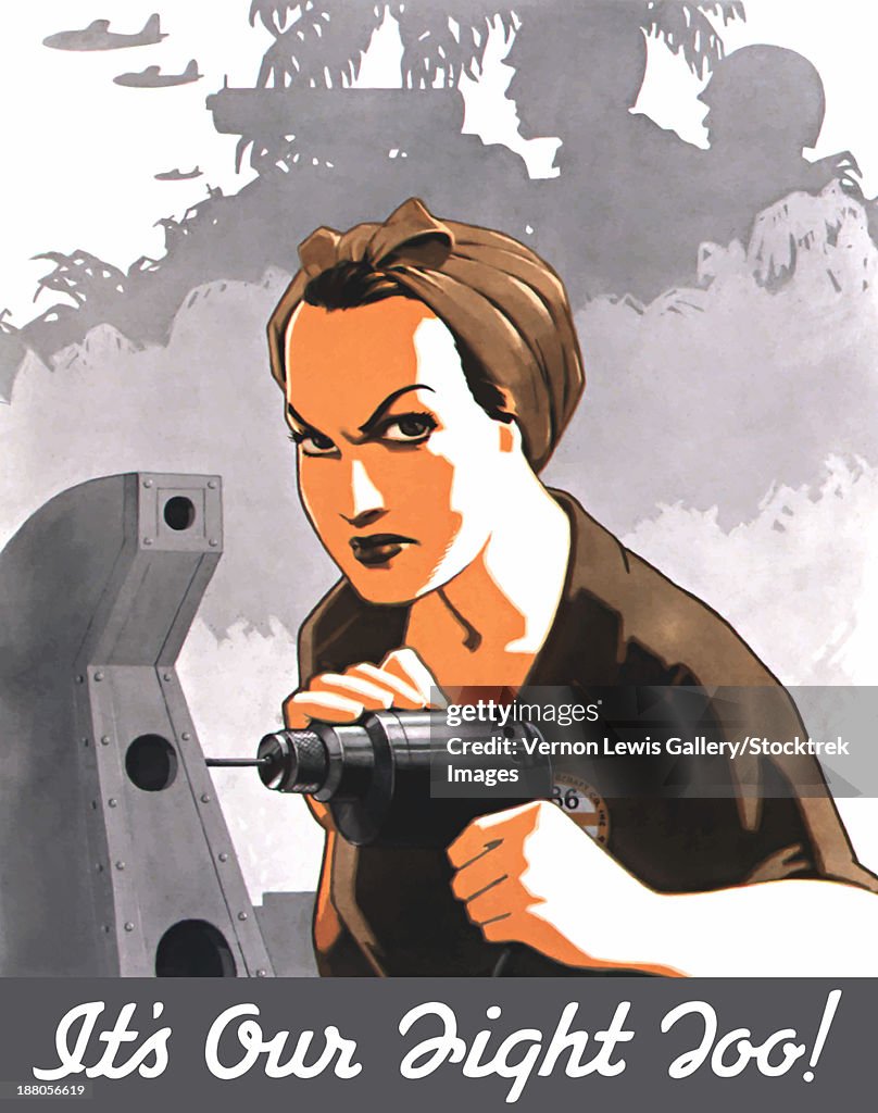 World War II propaganda poster of Rosie the Riveter operating a drill.