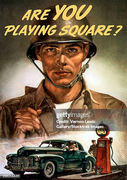 world war ii propaganda poster of a soldier overlooking a man at the gas pump. - world war ii stock-grafiken, -clipart, -cartoons und -symbole