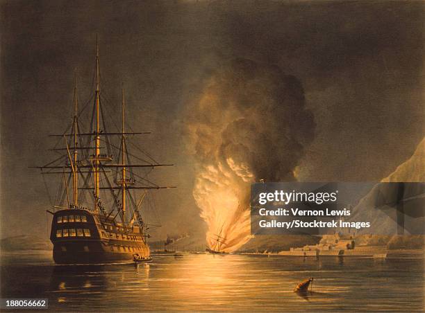 vintage naval history print featuring the explosion of the united states steam frigate missouri, at gibraltar, august 26, 1843.  - battle of the atlantic stock-grafiken, -clipart, -cartoons und -symbole