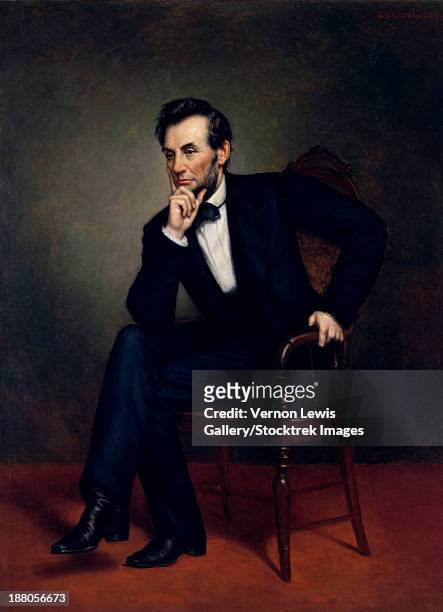 vintage american civil war painting of president abraham lincoln seated in a chair. - präsident stock-grafiken, -clipart, -cartoons und -symbole